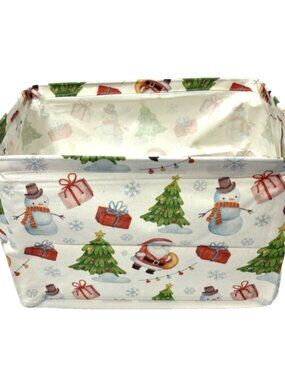 Rectangular Christmas Basket Storage Bin for Kids w Handles Cute White Winter
